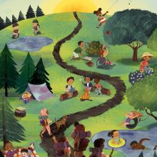 Illustration of a winding path through a park with people participating in a variety of outdoor activities.