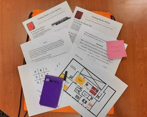 Picture of handouts, notebook, map and cipher for the resource bag.