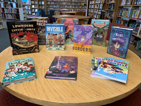 A display of the new Graphic Novels.