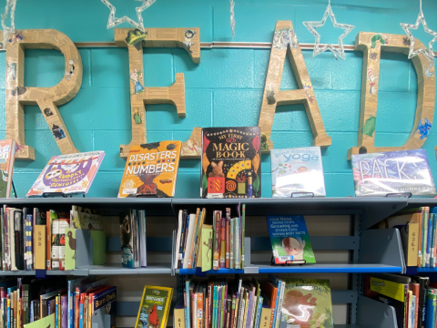 A school library bookshelf with various books and big sign that says, READ.