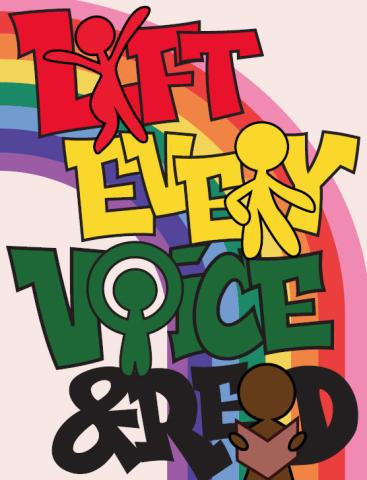 "Lift Every Voice & Read" in rainbow colorful font with a rainbow behind. 