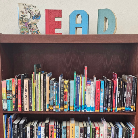 Shelf with various books and letters spelling READ.