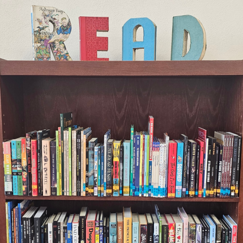 Shelf with various books and letters spelling READ. 